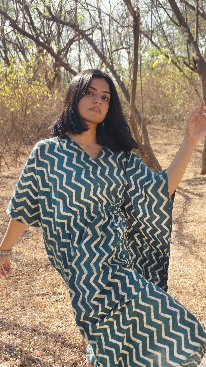 Kaisori Chevron new Mulmul natural dyed green paisley Kaftan Kaisori
