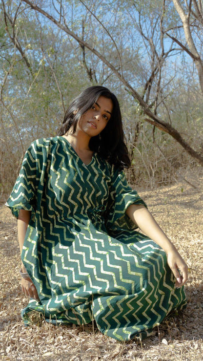 Kaisori Chevron new Mulmul natural dyed green paisley Kaftan Kaisori