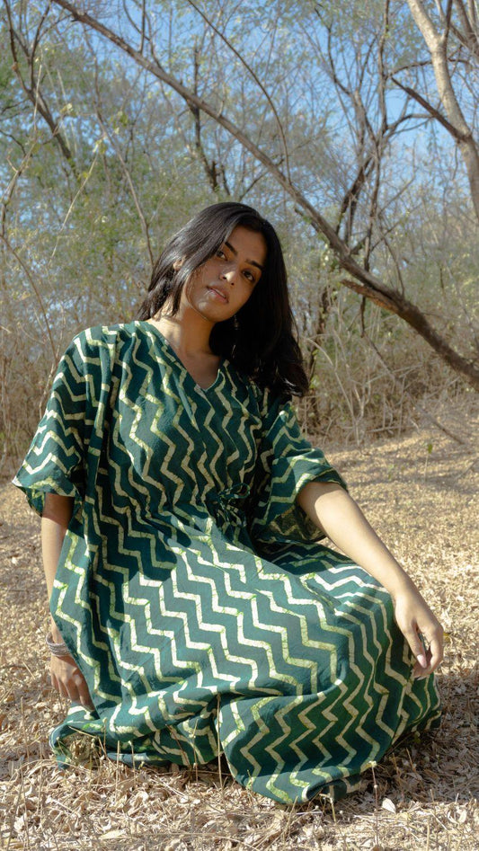 Kaisori Chevron new Mulmul natural dyed green paisley Kaftan Kaisori