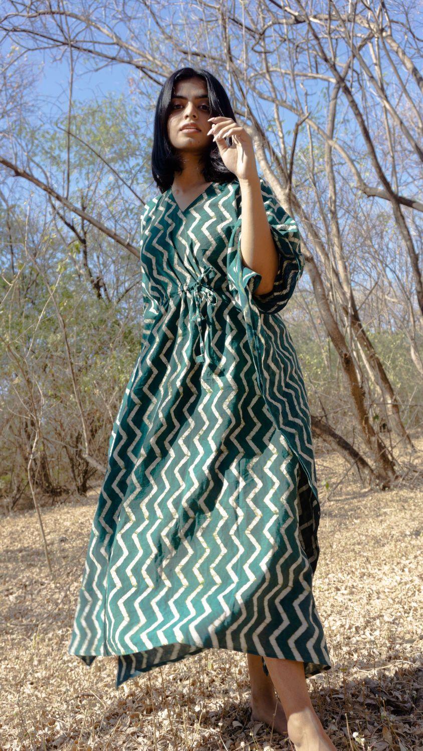 Kaisori Chevron new Mulmul natural dyed green paisley Kaftan Kaisori