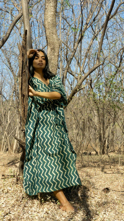 Kaisori Chevron new Mulmul natural dyed green paisley Kaftan Kaisori