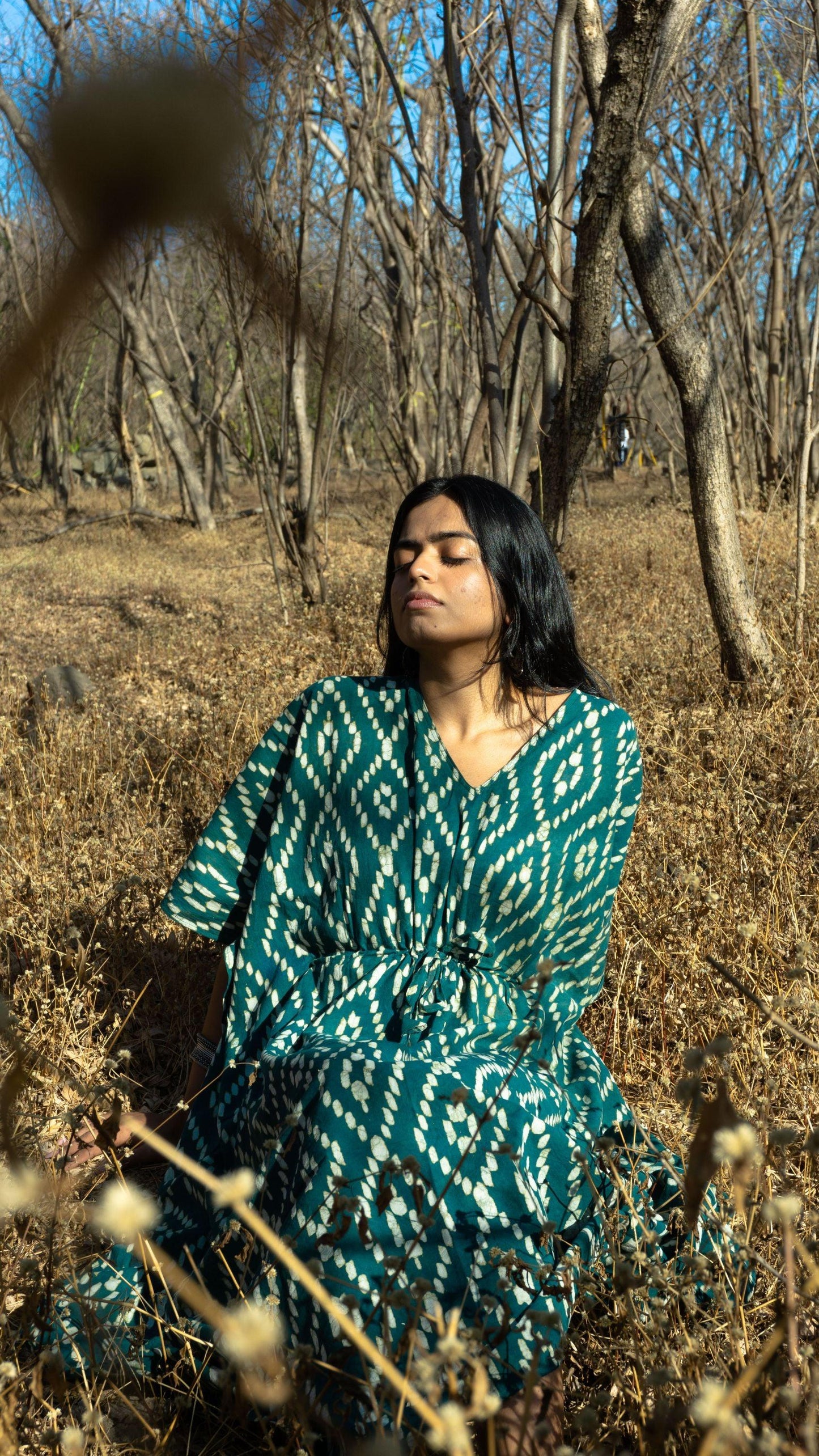 Kaisori Cubic print Mulmul natural dyed green Kaftan Kaisori