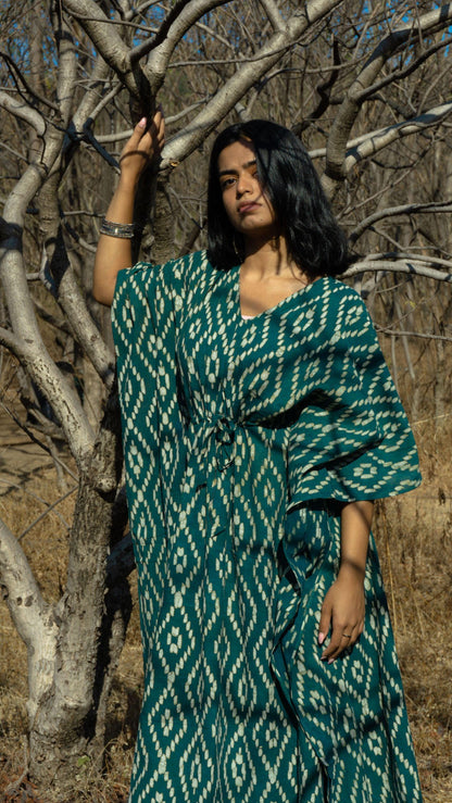Kaisori Cubic print Mulmul natural dyed green Kaftan Kaisori