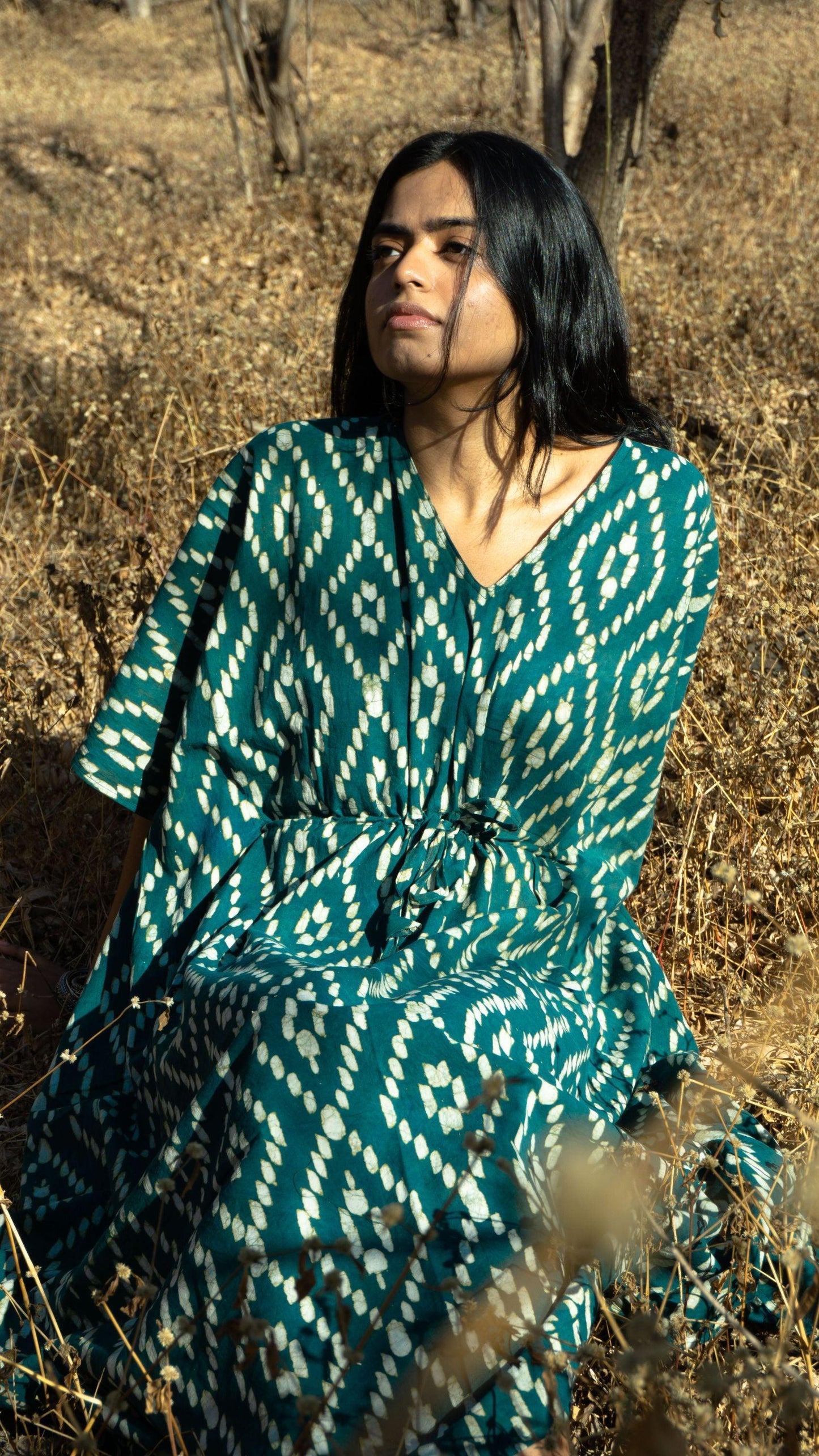 Kaisori Cubic print Mulmul natural dyed green Kaftan Kaisori