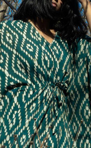 Kaisori Cubic print Mulmul natural dyed green Kaftan Kaisori
