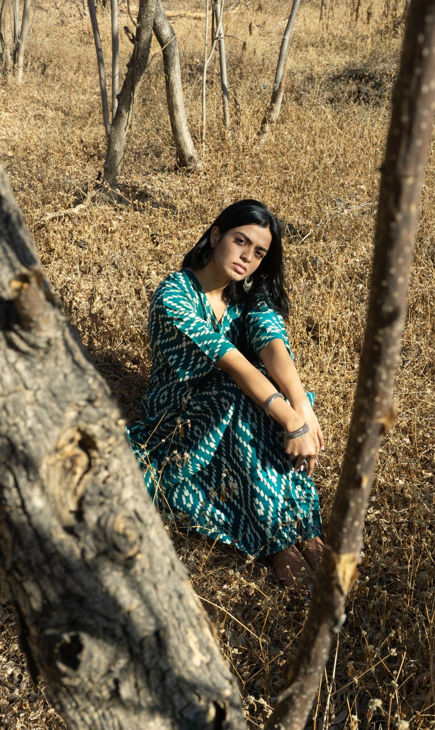 Kaisori Cubic print Mulmul natural dyed green Kaftan Kaisori