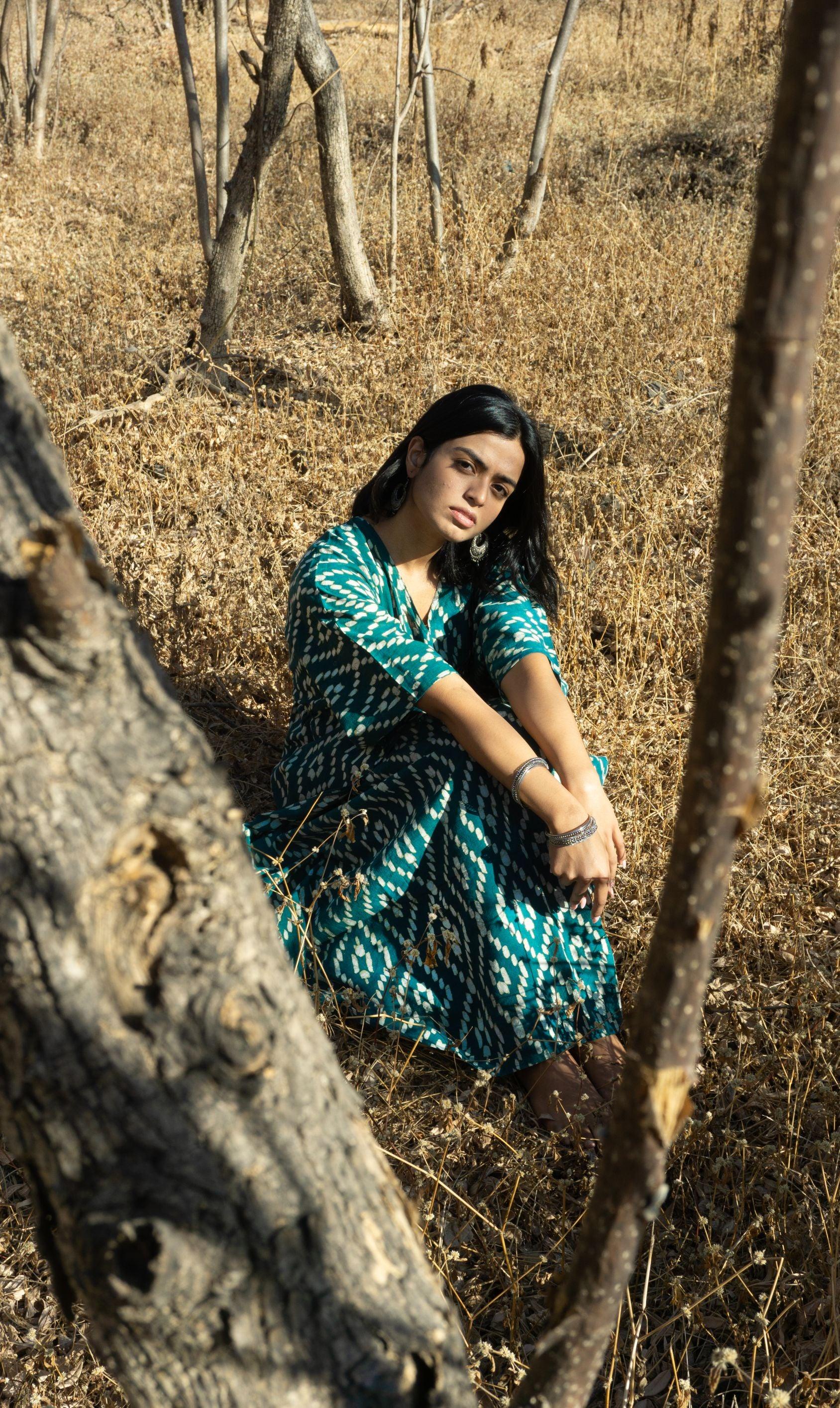 Kaisori Cubic print Mulmul natural dyed green Kaftan Kaisori