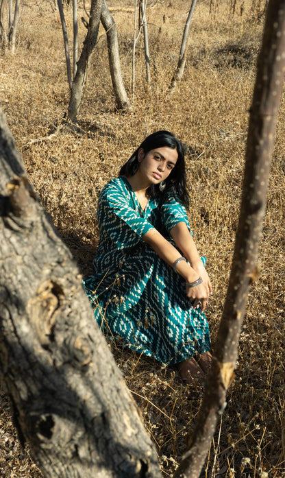 Kaisori Cubic print Mulmul natural dyed green Kaftan Kaisori