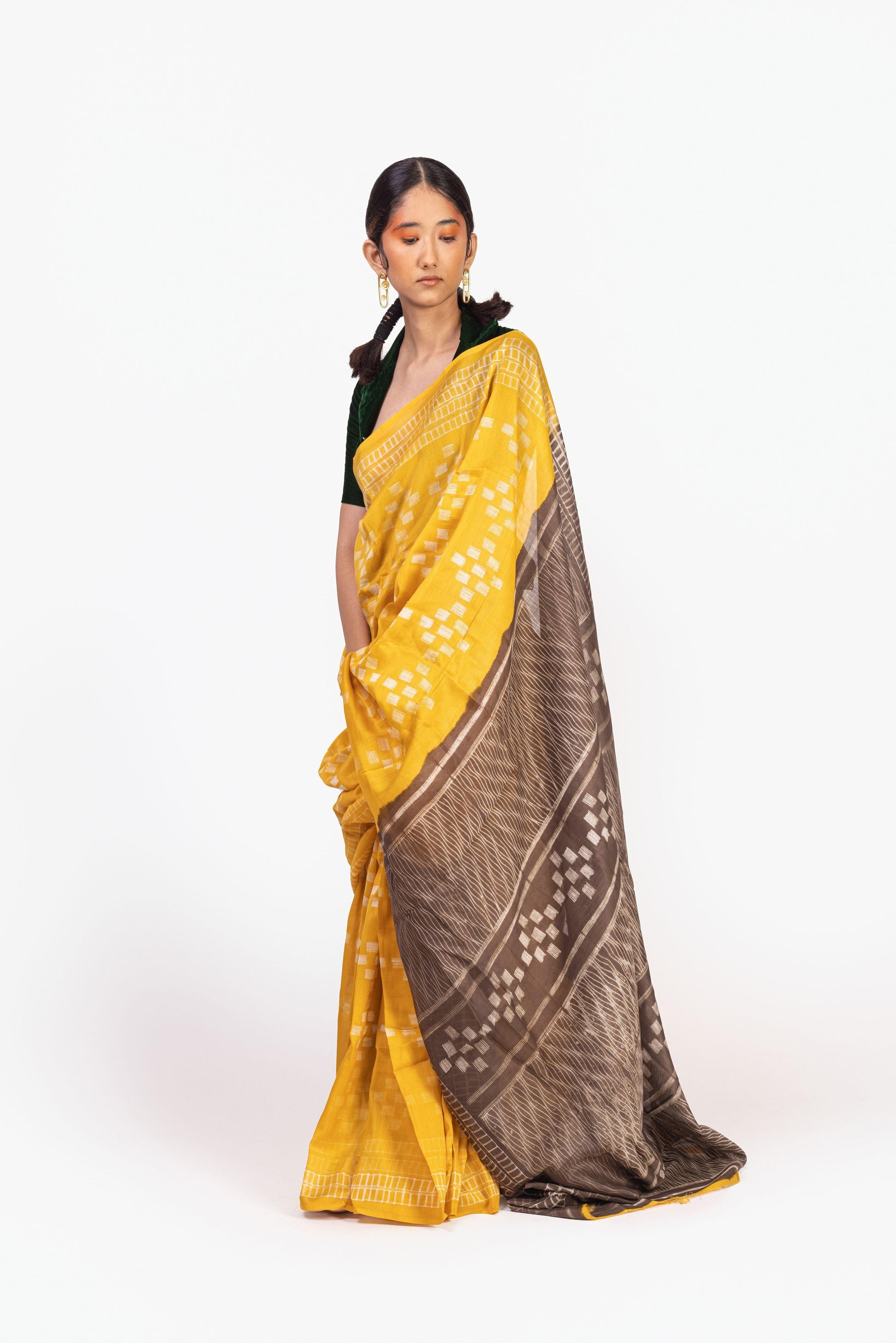 Kaisori Inayaat Mustard and brown Shibori print saree Kaisori