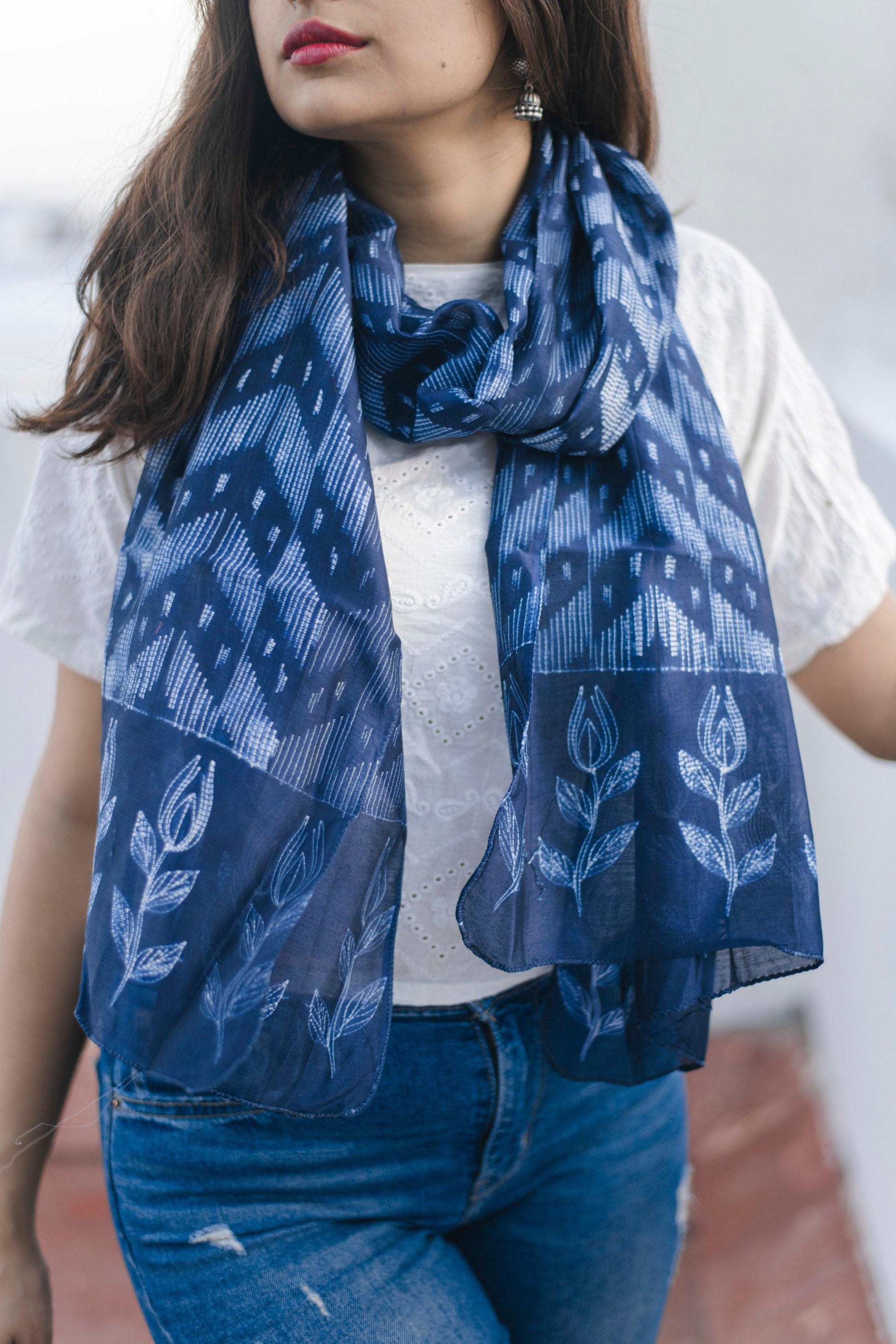 Kaisori Indigo Shibori Chanderi Stole- Triad Kaisori