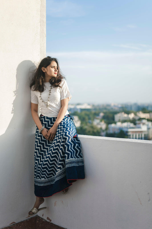 Dabu printed indigo print skirt - Noor - Chevron