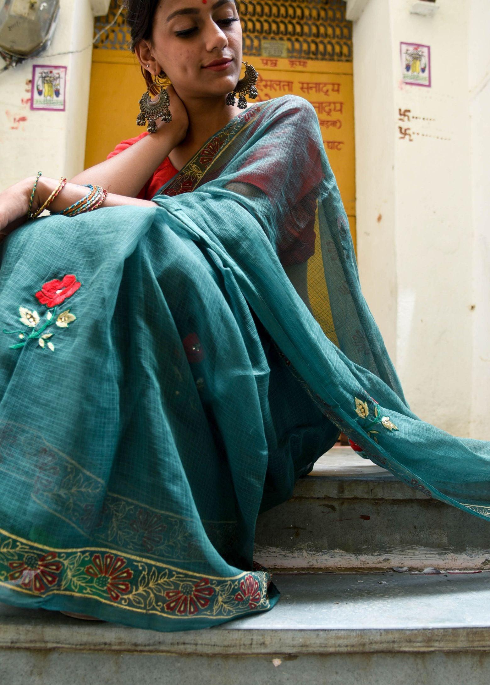 Kaisori Kota saree - Togor embroidered and handblockprinted Kota saree Kaisori