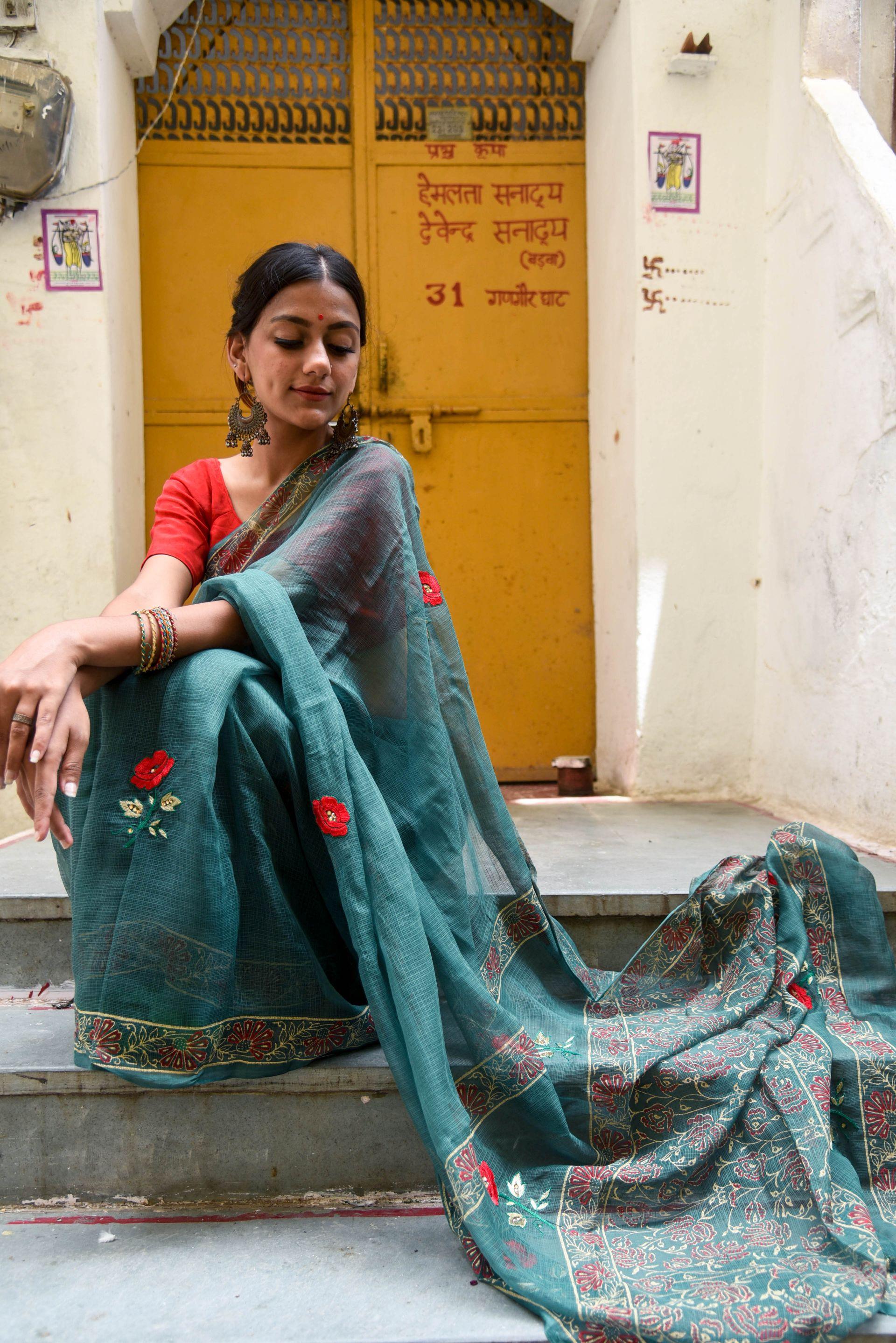 Kaisori Kota saree - Togor embroidered and handblockprinted Kota saree Kaisori