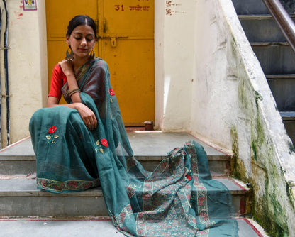 Kaisori Kota saree - Togor embroidered and handblockprinted Kota saree Kaisori