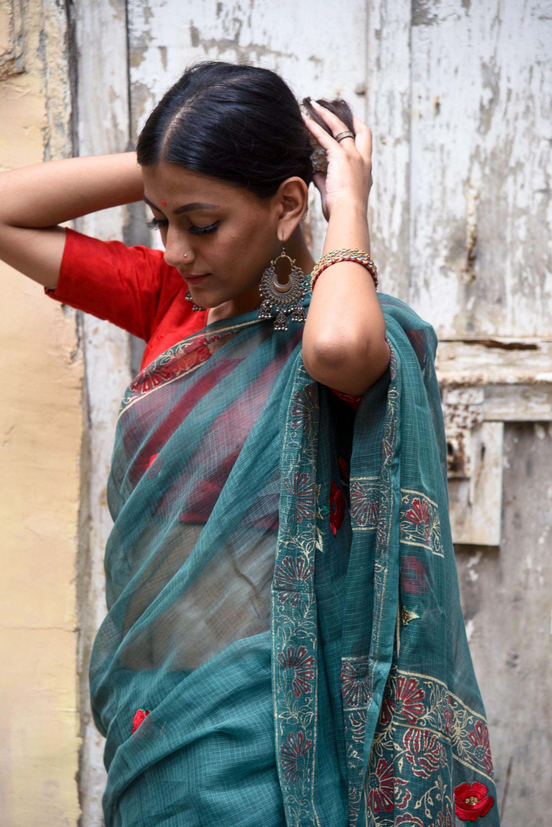 Kaisori Kota saree - Togor embroidered and handblockprinted Kota saree Kaisori