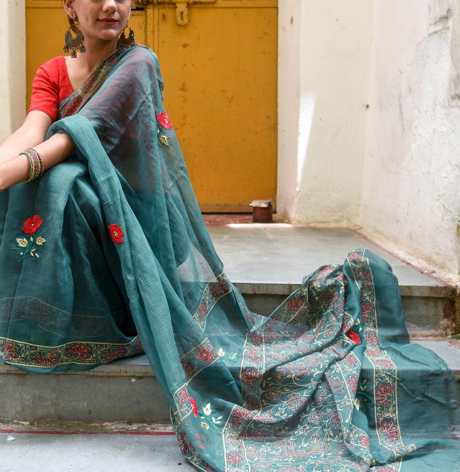 Kaisori Kota saree - Togor embroidered and handblockprinted Kota saree Kaisori