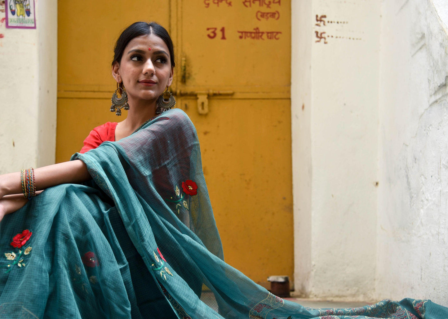 Kaisori Kota saree - Togor embroidered and handblockprinted Kota saree Kaisori