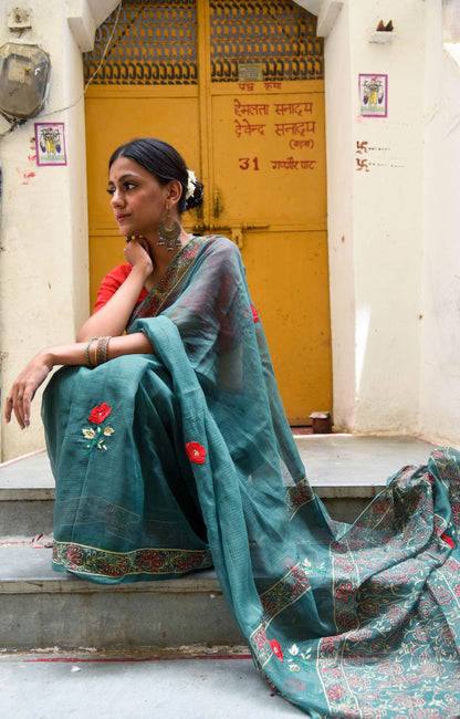 Kaisori Kota saree - Togor embroidered and handblockprinted Kota saree Kaisori