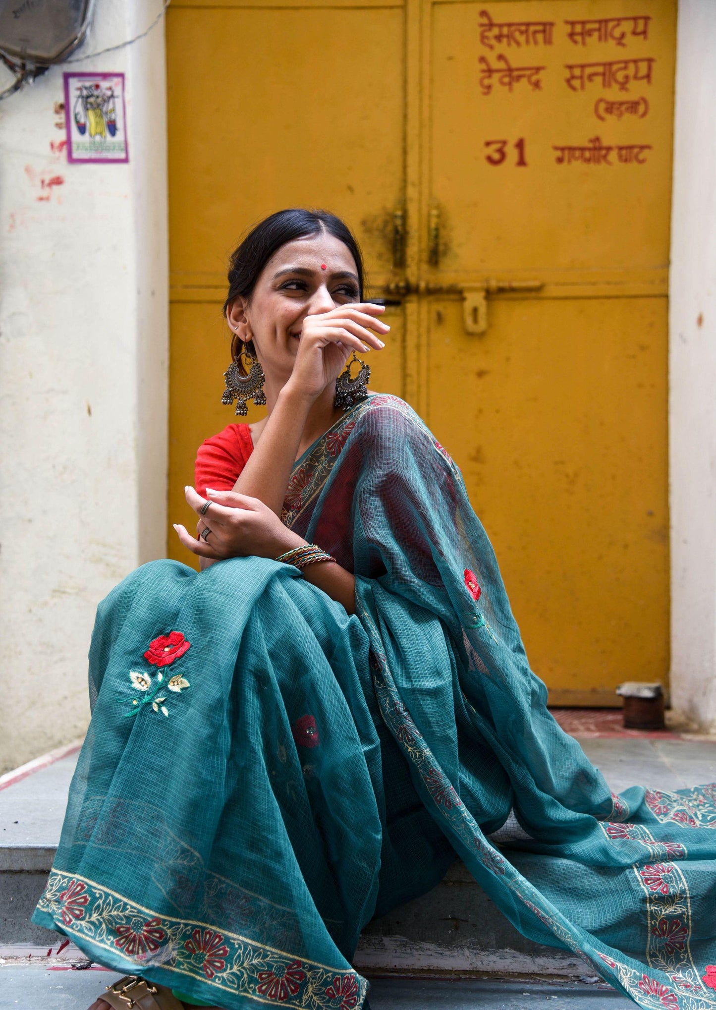 Kaisori Kota saree - Togor embroidered and handblockprinted Kota saree Kaisori