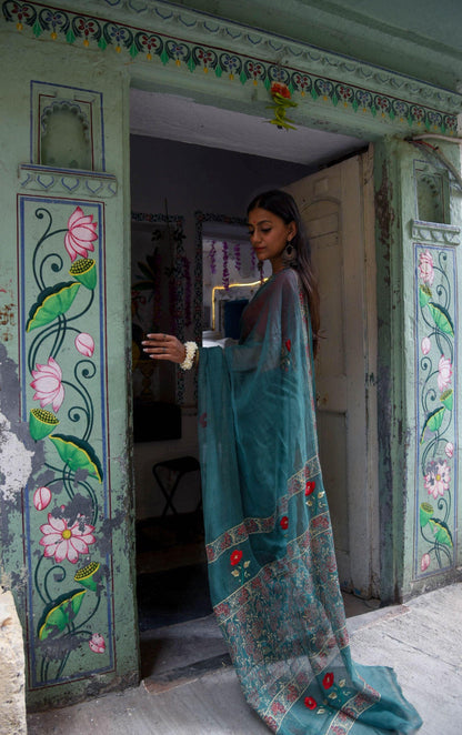 Kaisori Kota saree - Togor embroidered and handblockprinted Kota saree Kaisori