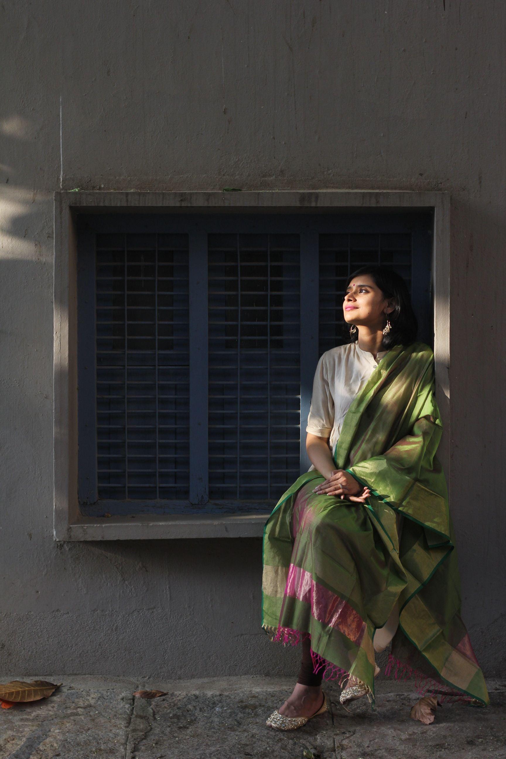 Kaisori Maheshwari  dupatta  - Pink and green Kaisori