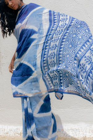 Kaisori Malhar - Dabu Clamp Indigo Dabu Silk Cotton saree 003 Kaisori