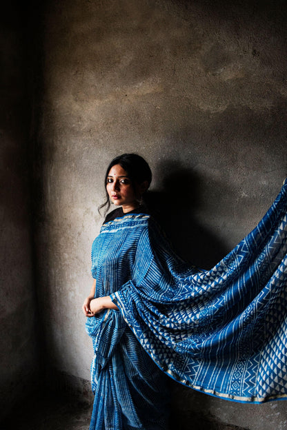 Kaisori Malhar Dabu Indigo Silk Cotton saree Kaisori