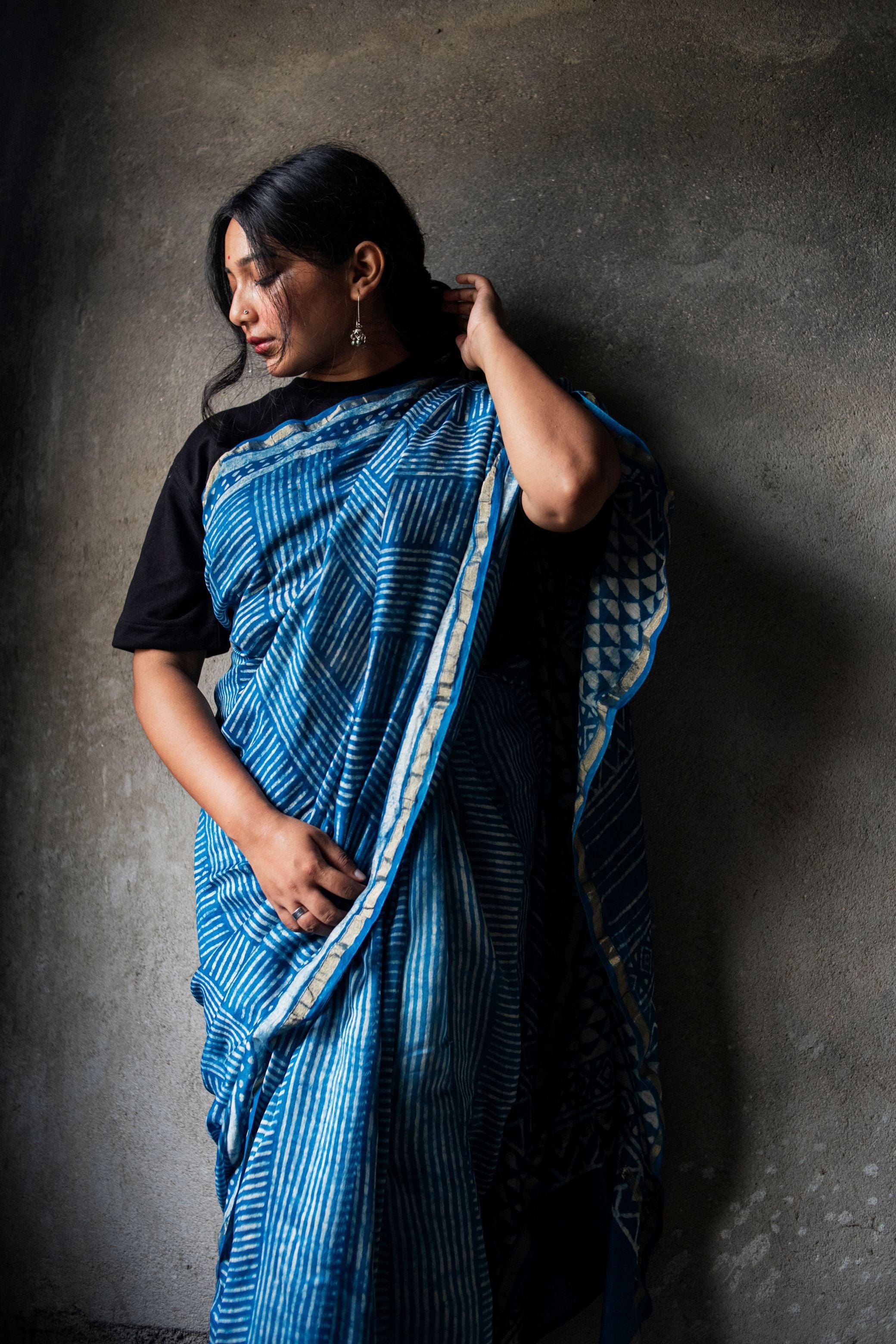 Kaisori Malhar Dabu Indigo Silk Cotton saree Kaisori