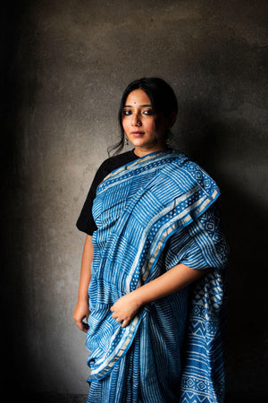 Kaisori Malhar Dabu Indigo Silk Cotton saree Kaisori