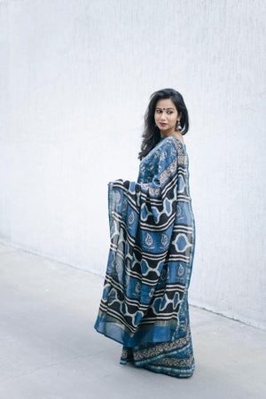 Kaisori Malhar - Dabu Light  Indigo handblockprinted Silk Cotton saree Kaisori