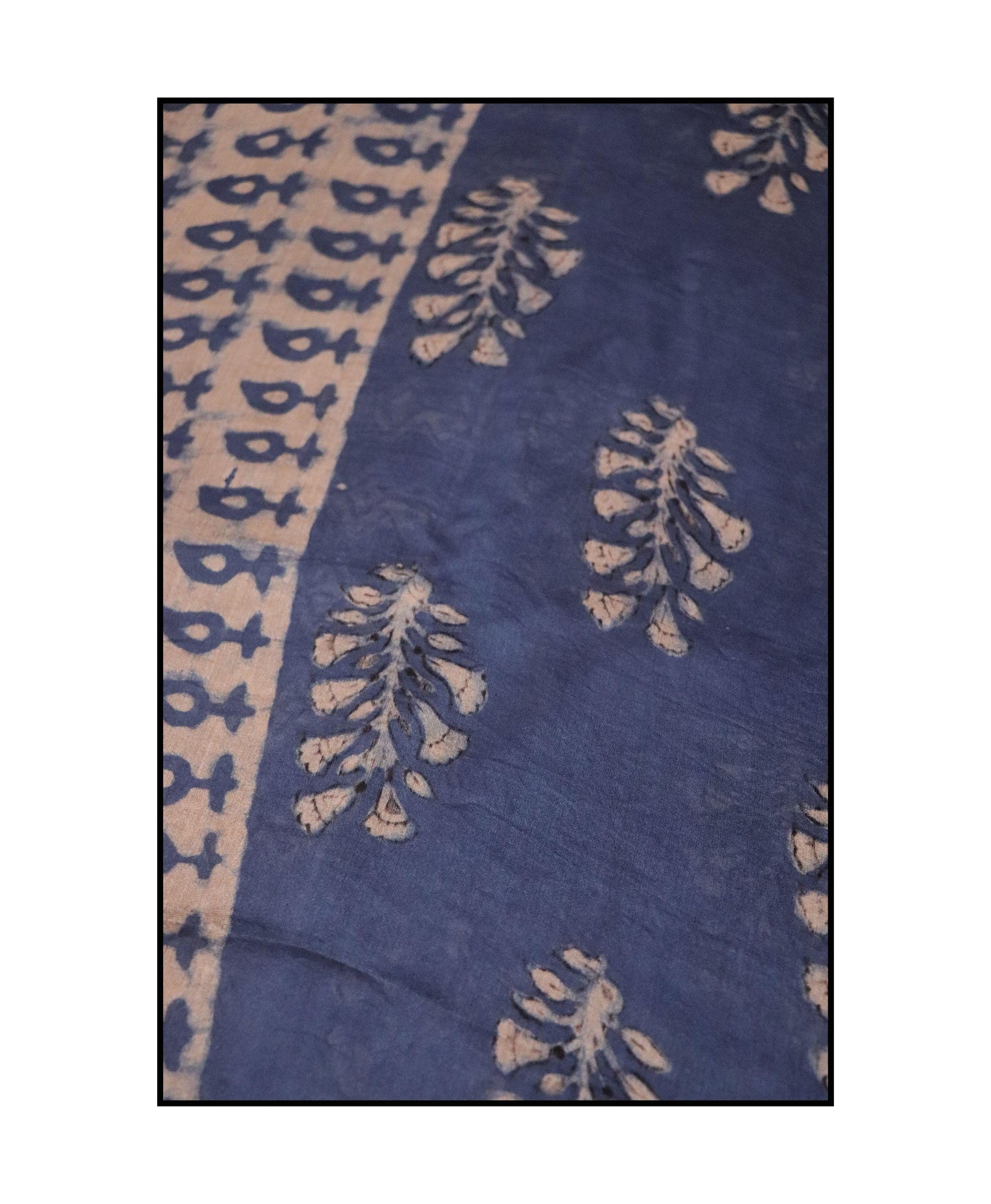 Kaisori Malhar - Dabu Light Indigo twig handblockprinted Silk Cotton saree Kaisori