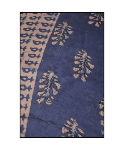 Kaisori Malhar - Dabu Light Indigo twig handblockprinted Silk Cotton saree Kaisori