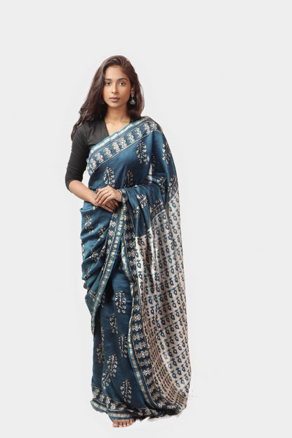 Kaisori Malhar - Dabu Light Indigo twig handblockprinted Silk Cotton saree Kaisori