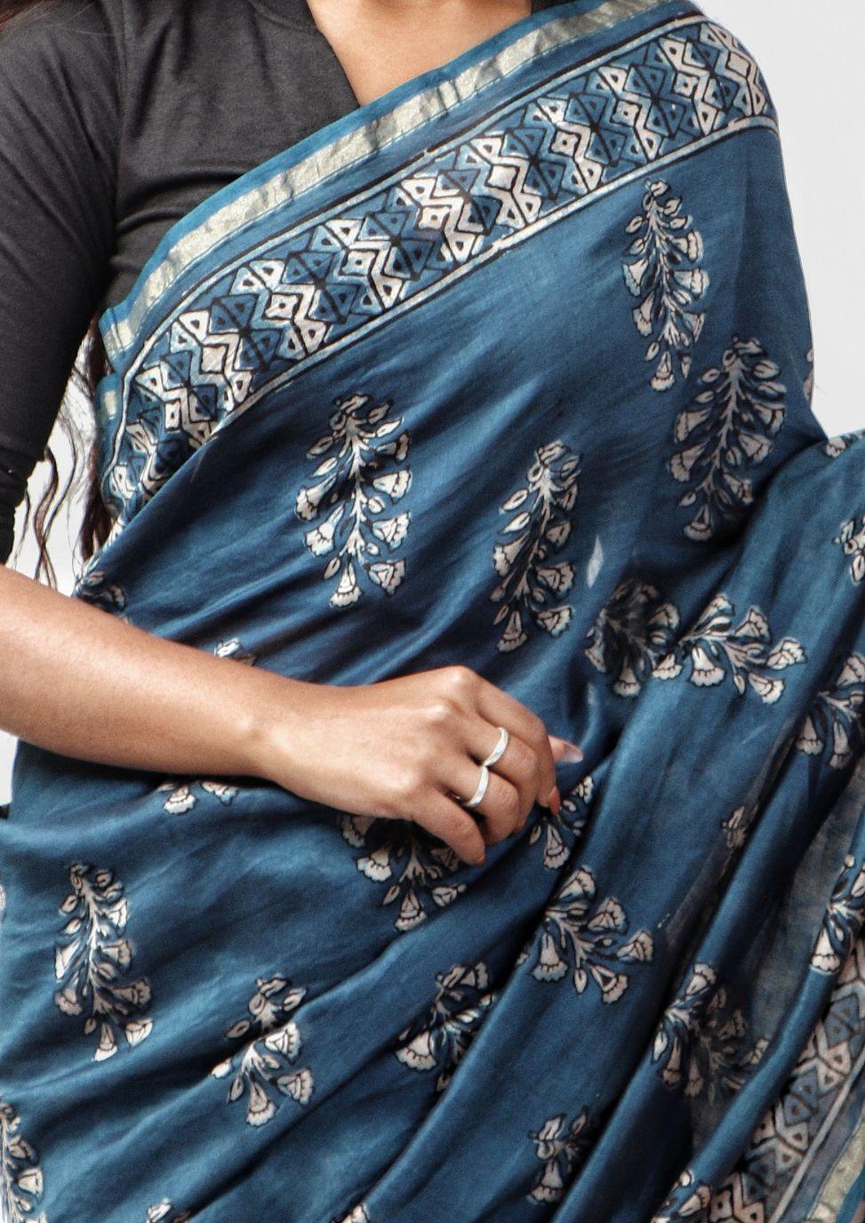 Kaisori Malhar - Dabu Light Indigo twig handblockprinted Silk Cotton saree Kaisori