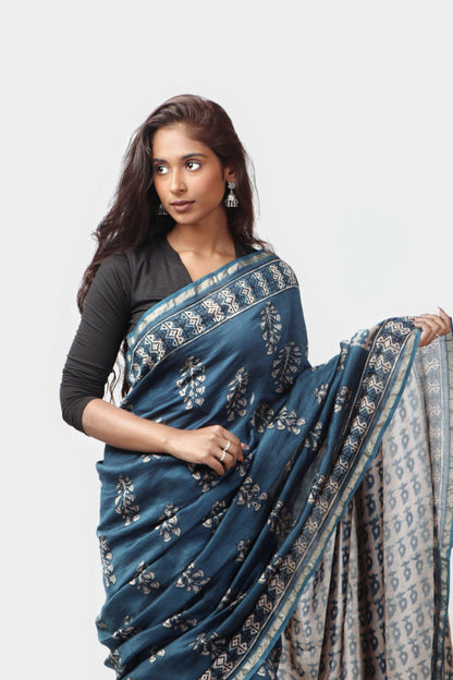 Kaisori Malhar - Dabu Light Indigo twig handblockprinted Silk Cotton saree Kaisori