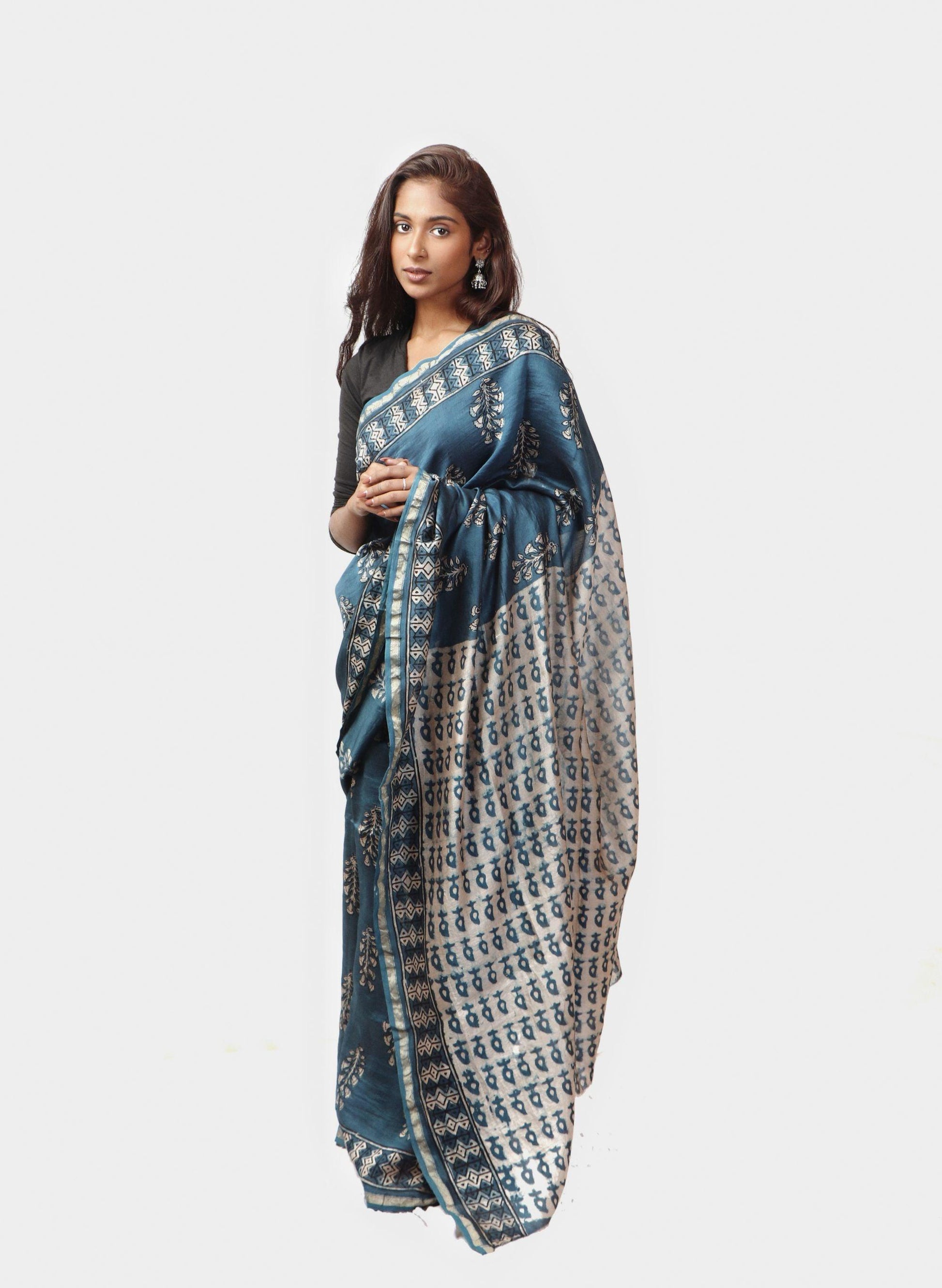 Kaisori Malhar - Dabu Light Indigo twig handblockprinted Silk Cotton saree Kaisori