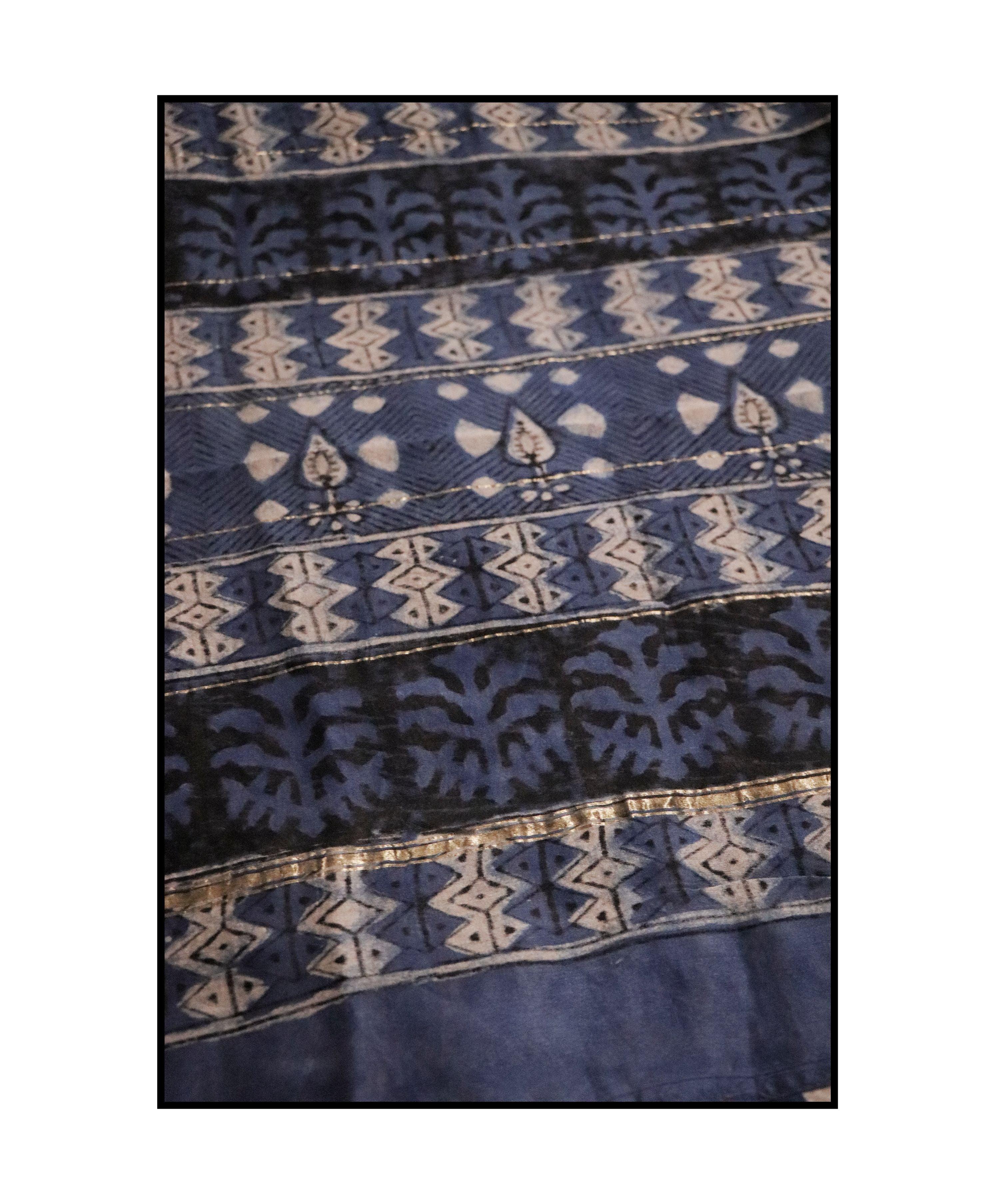 Kaisori Malhar - Dabu Light Indigo twig handblockprinted Silk Cotton saree Kaisori