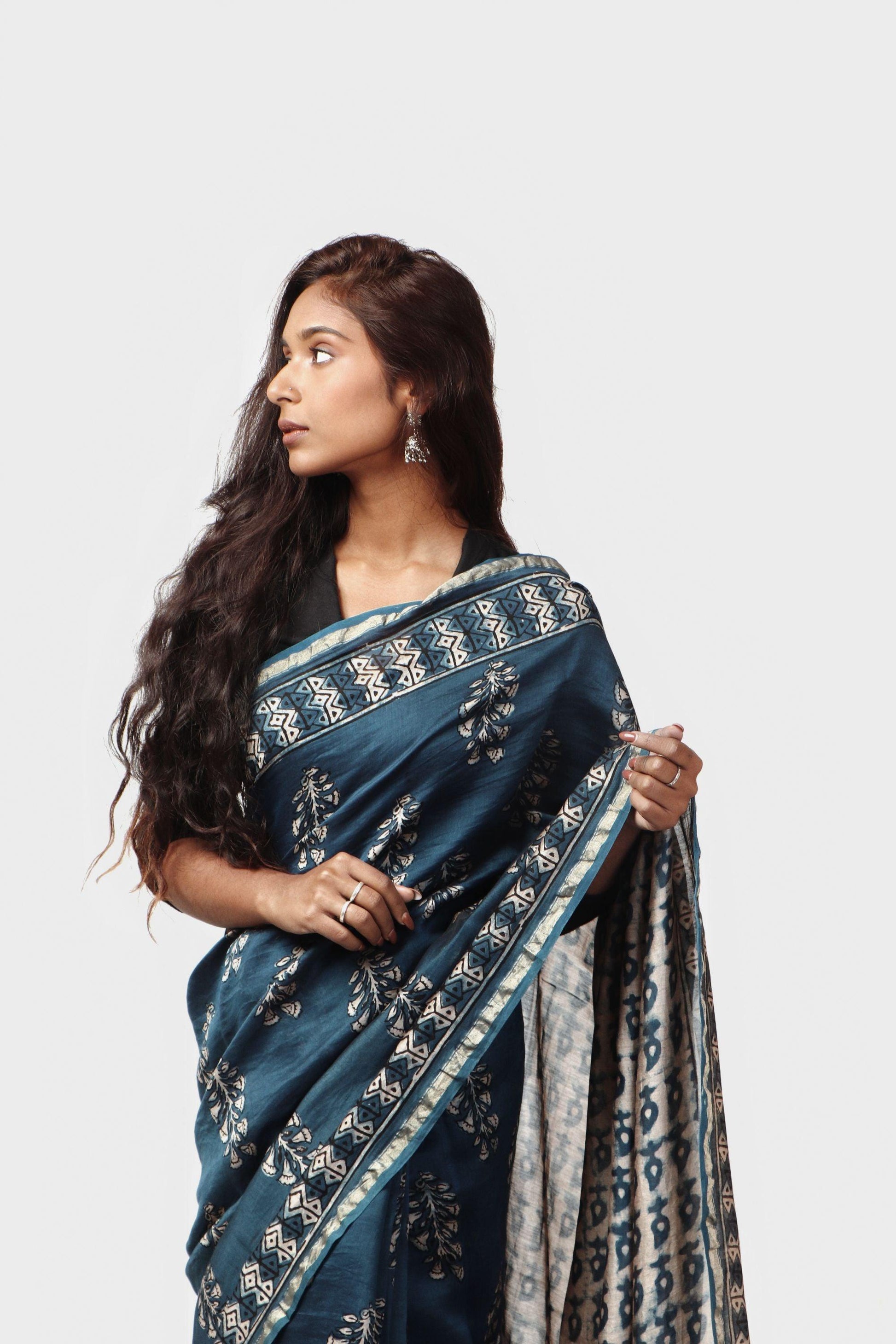 Kaisori Malhar - Dabu Light Indigo twig handblockprinted Silk Cotton saree Kaisori