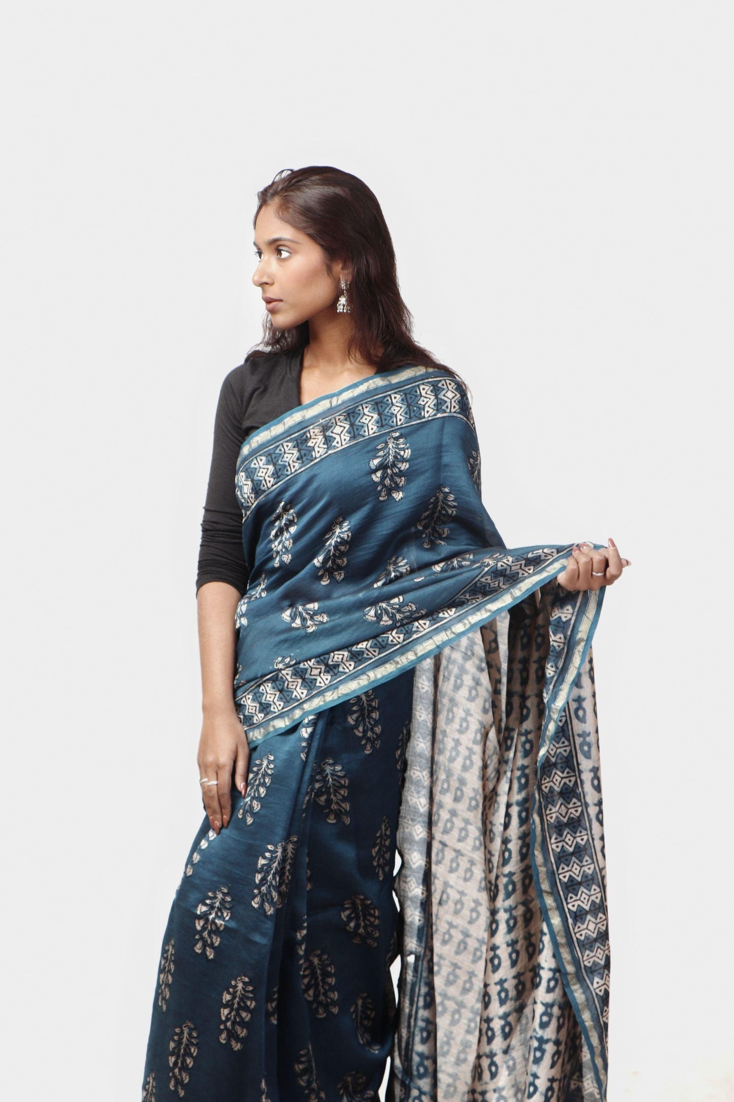 Kaisori Malhar - Dabu Light Indigo twig handblockprinted Silk Cotton saree Kaisori