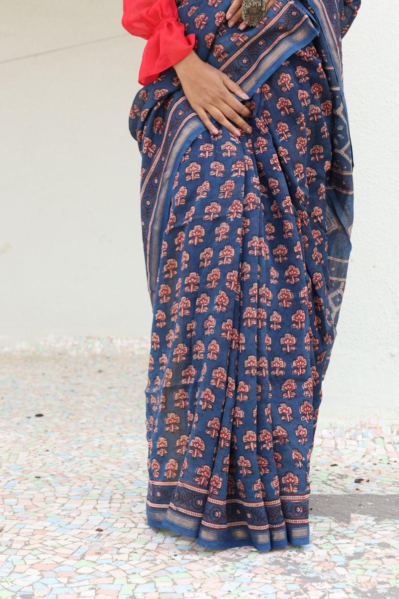 Kaisori Malhar - Dabu Pharad  Gulab Indigo Dabu Silk Cotton saree Kaisori