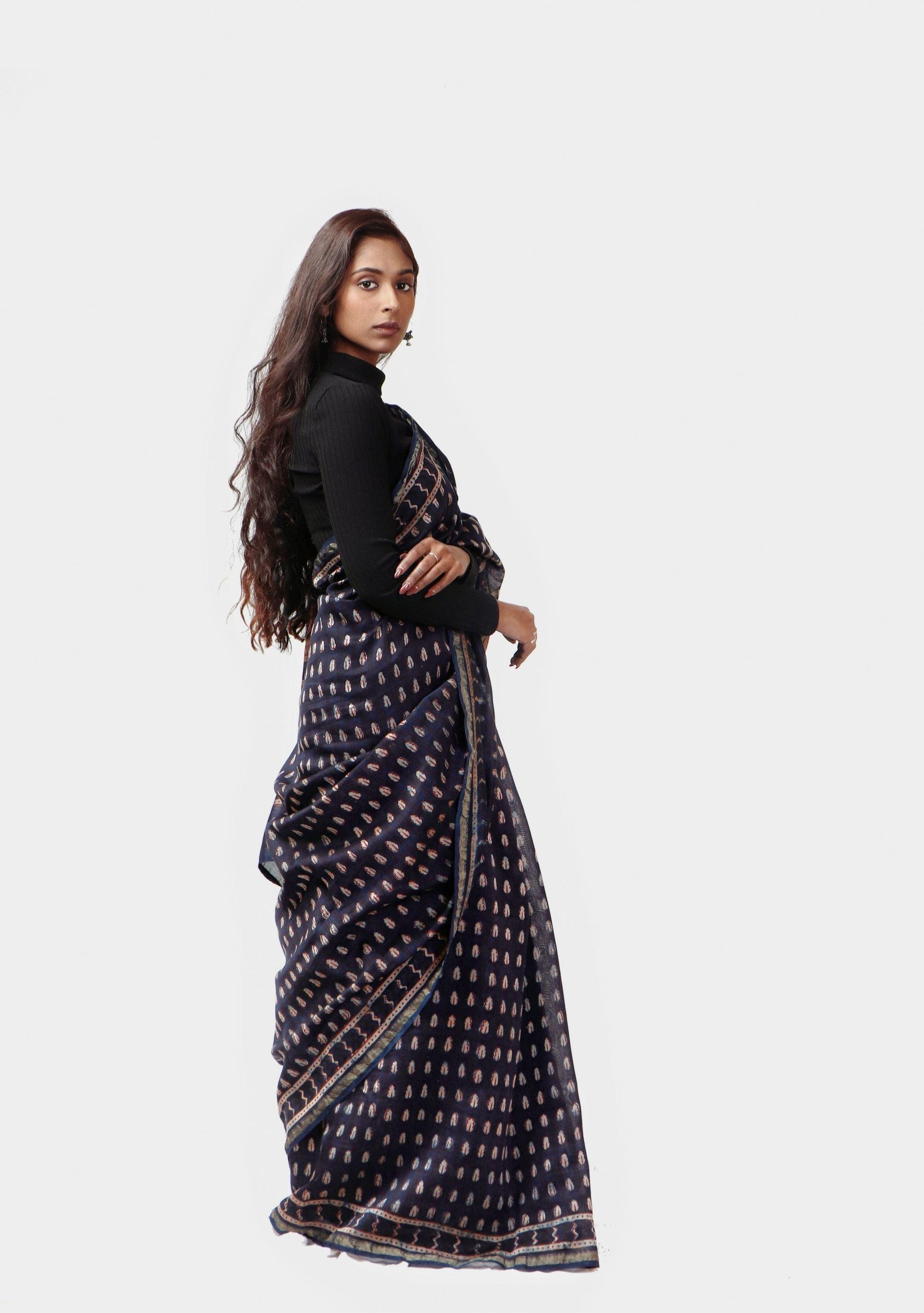 Kaisori Malhar - Dabu Pharad Indigo handblockprinted Silk Cotton saree Kaisori