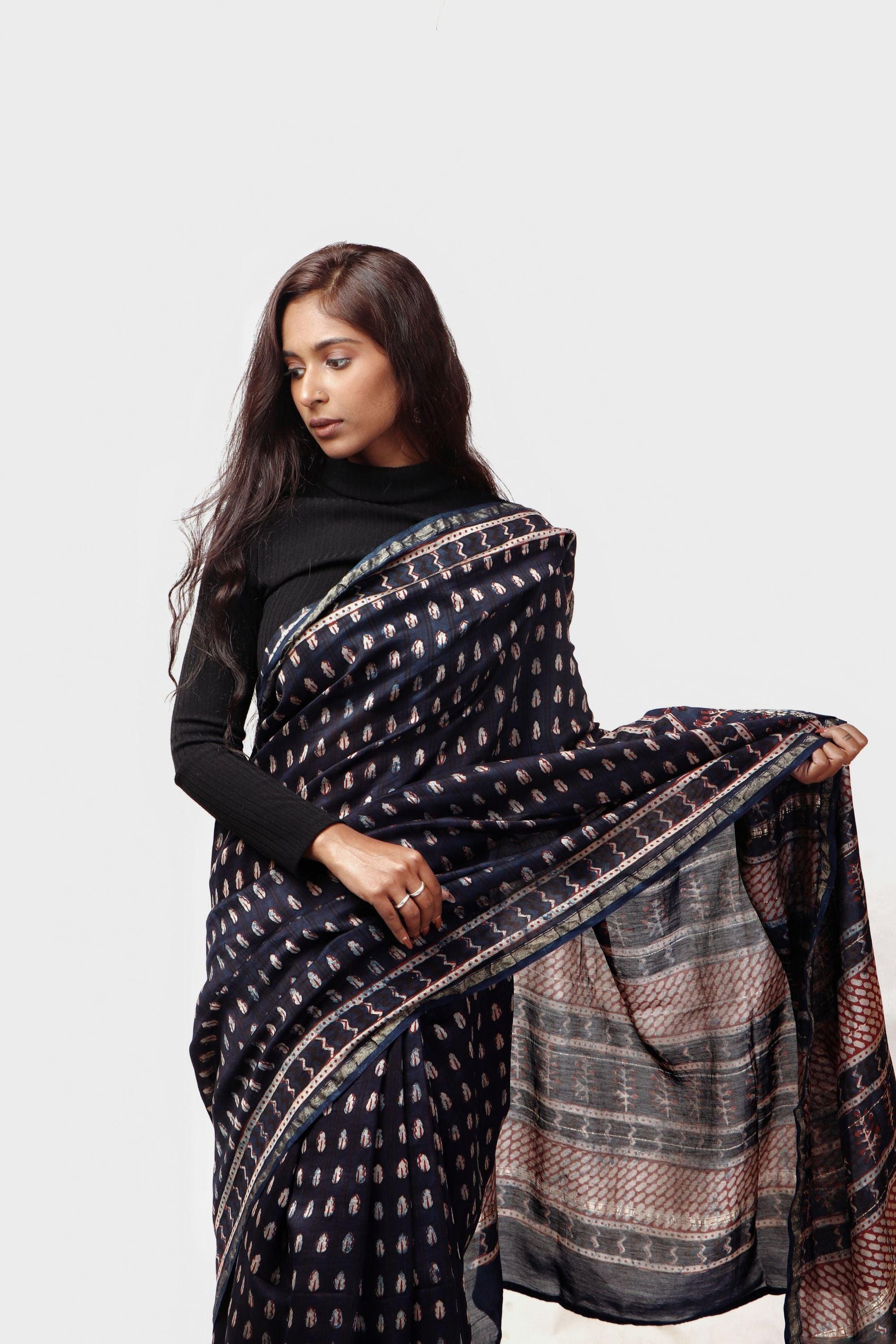 Kaisori Malhar - Dabu Pharad Indigo handblockprinted Silk Cotton saree Kaisori