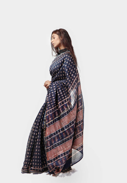 Kaisori Malhar - Dabu Pharad Indigo handblockprinted Silk Cotton saree Kaisori