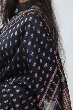 Kaisori Malhar - Dabu Pharad Indigo handblockprinted Silk Cotton saree Kaisori