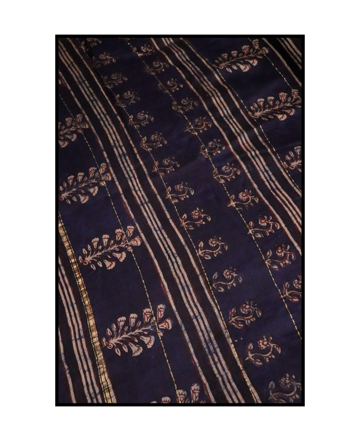 Kaisori Malhar - Dabu Pharad Leaf Indigo handblockprinted Silk Cotton saree Kaisori