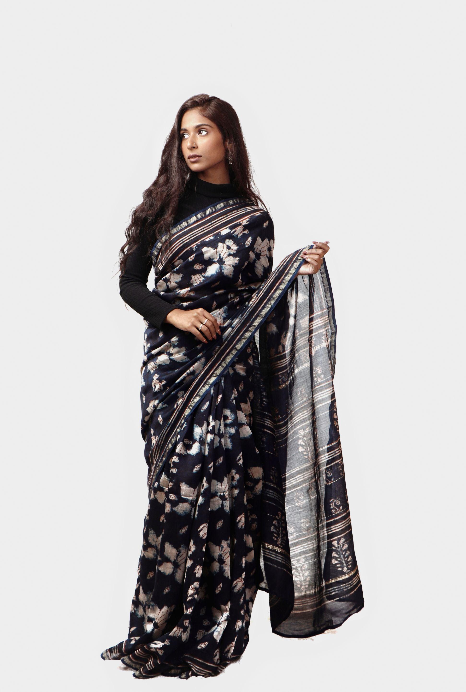 Kaisori Malhar - Dabu Pharad Leaf Indigo handblockprinted Silk Cotton saree Kaisori