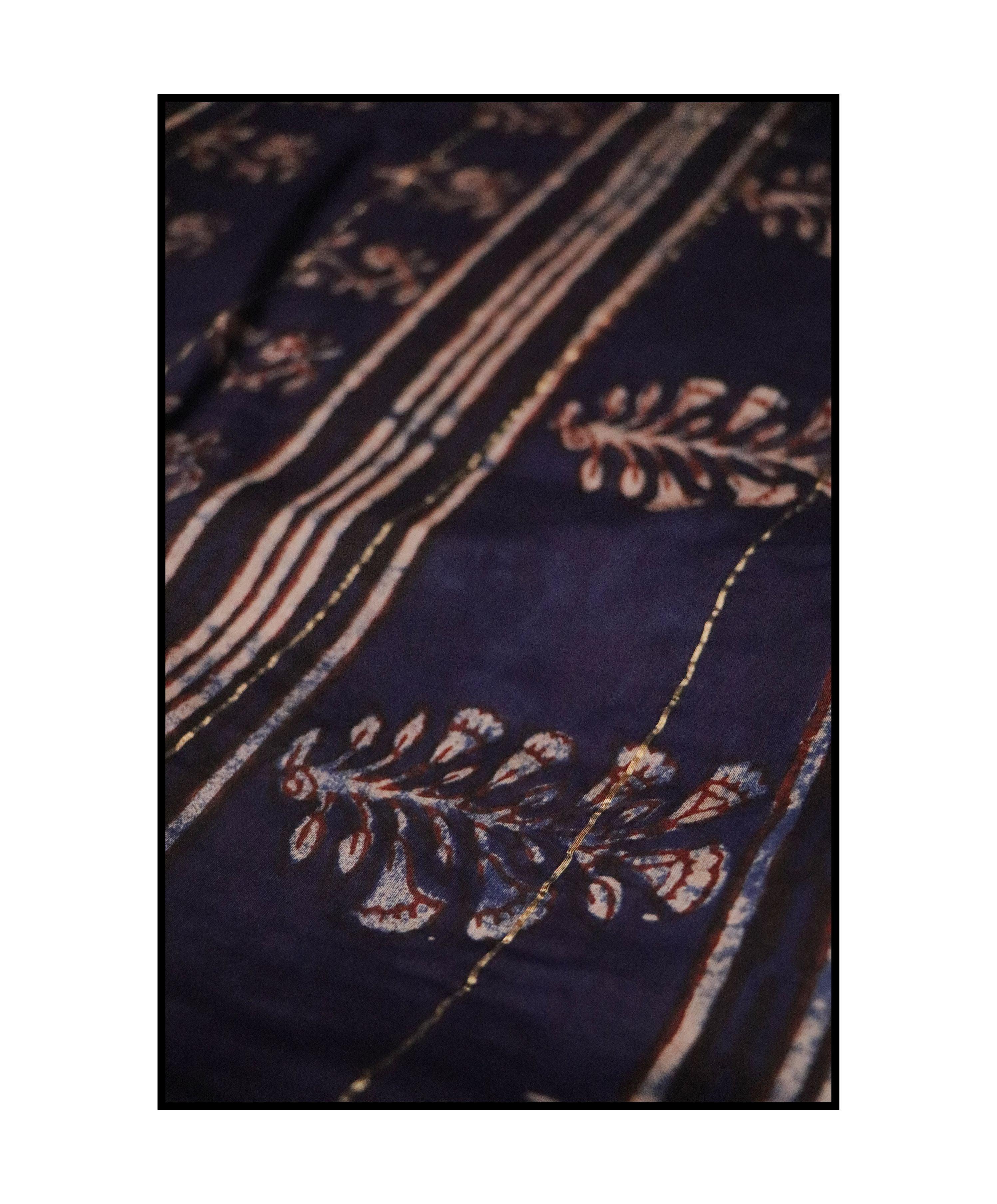 Kaisori Malhar - Dabu Pharad Leaf Indigo handblockprinted Silk Cotton saree Kaisori