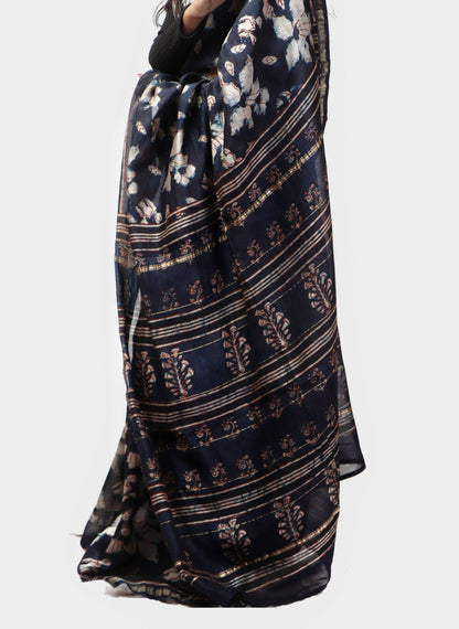 Kaisori Malhar - Dabu Pharad Leaf Indigo handblockprinted Silk Cotton saree Kaisori