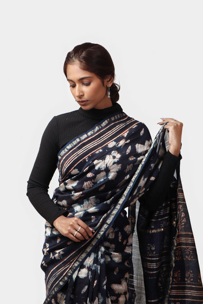 Kaisori Malhar - Dabu Pharad Leaf Indigo handblockprinted Silk Cotton saree Kaisori