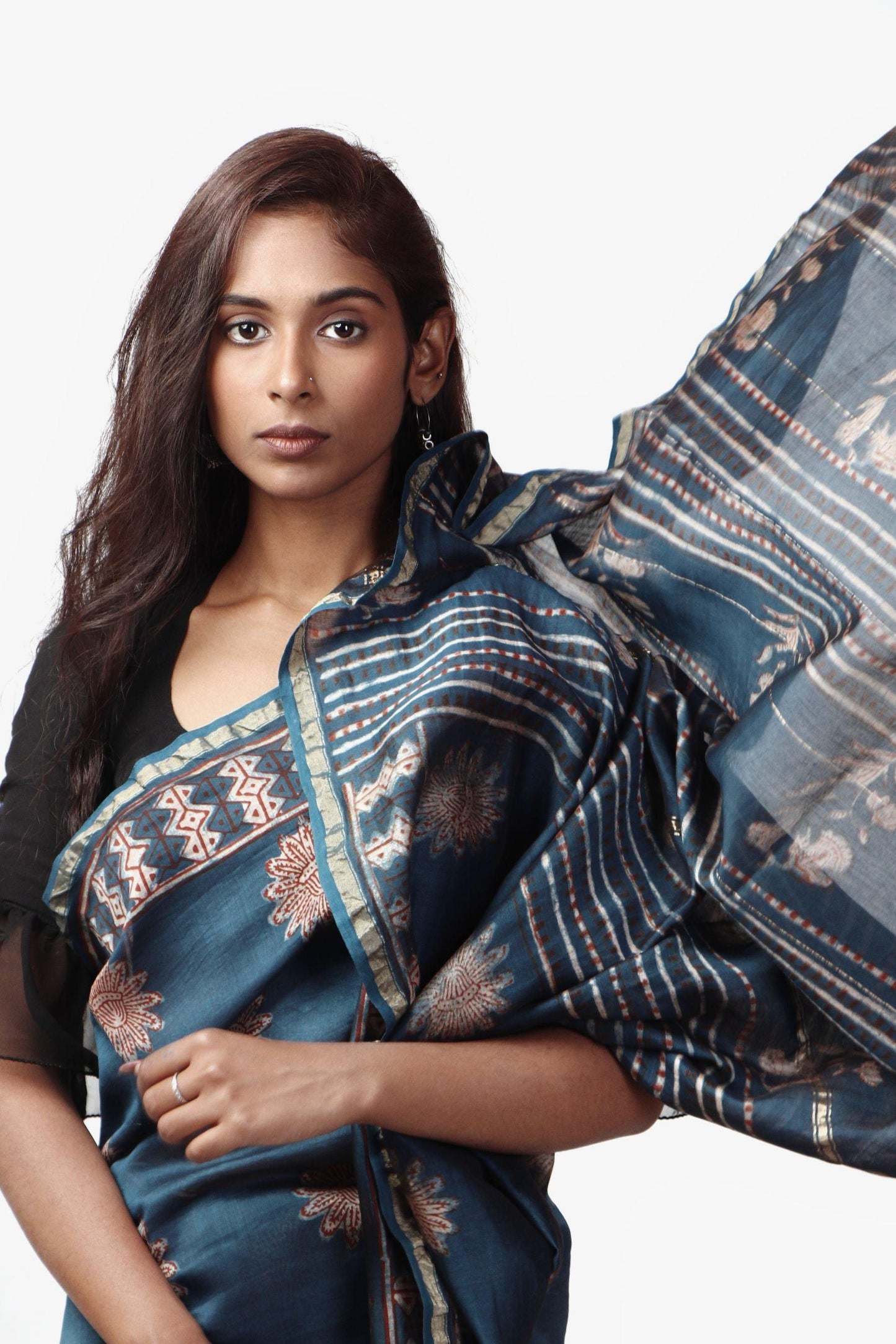 Kaisori Malhar - Dabu Pharad Light Indigo handblockprinted Silk Cotton saree Kaisori